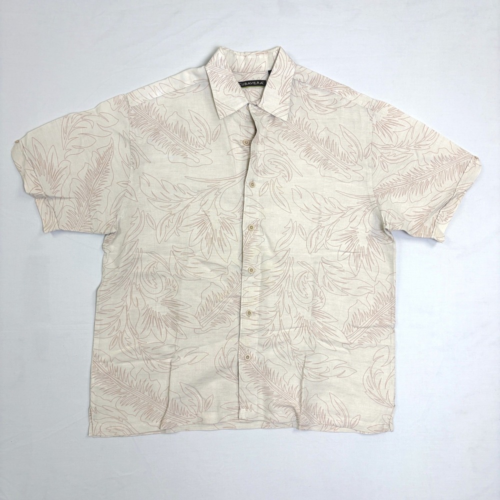 Cubavera Mens Large‎ Linen Blend Leaf Print Short Sleeve Button Down Shirt